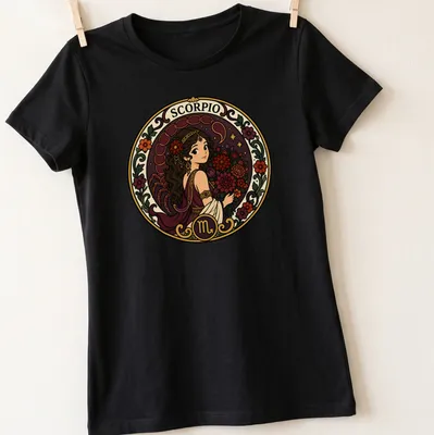 Vintage illustration of Scorpio woman with flowers and SCORPIO text — printed on a women's shirt