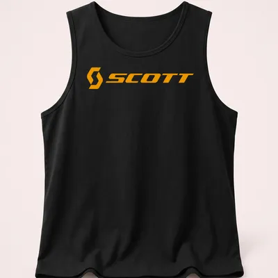 Bold orange t-shirt featuring the Scott bike logo in simple typography. — printed on a tank top