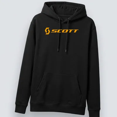Bold orange t-shirt featuring the Scott bike logo in simple typography. — printed on a unisex hoodie