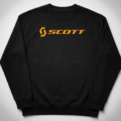 Bold orange t-shirt featuring the Scott bike logo in simple typography. — printed on a unisex sweatshirt