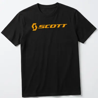 Bold orange t-shirt featuring the Scott bike logo in simple typography.