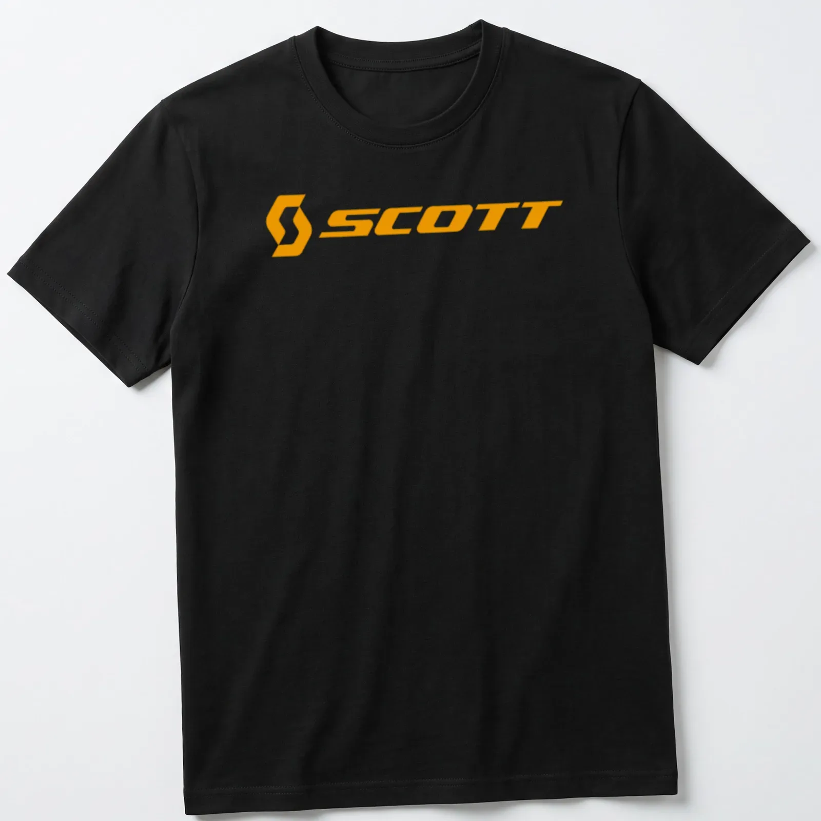 Bold orange t-shirt featuring the Scott bike logo in simple typography. — printed on a unisex t-shirt