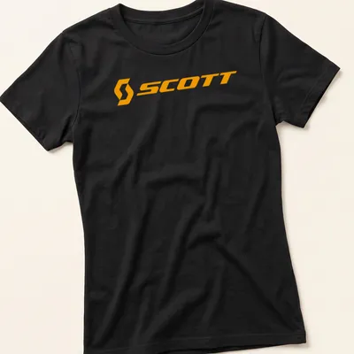 Bold orange t-shirt featuring the Scott bike logo in simple typography. — printed on a women's shirt