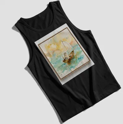 Watercolor print of a Scottish Fold cat sailing on a boat in blue and yellow — printed on a tank top