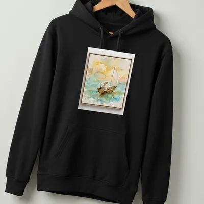 Watercolor print of a Scottish Fold cat sailing on a boat in blue and yellow — printed on a unisex hoodie