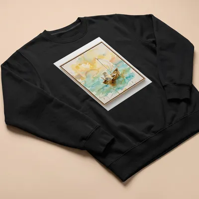 Watercolor print of a Scottish Fold cat sailing on a boat in blue and yellow — printed on a unisex sweatshirt