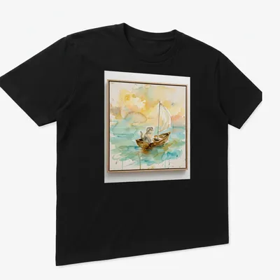 Watercolor print of a Scottish Fold cat sailing on a boat in blue and yellow — printed on a unisex t-shirt (angled view)