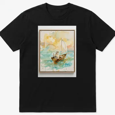 Watercolor print of a Scottish Fold cat sailing on a boat in blue and yellow