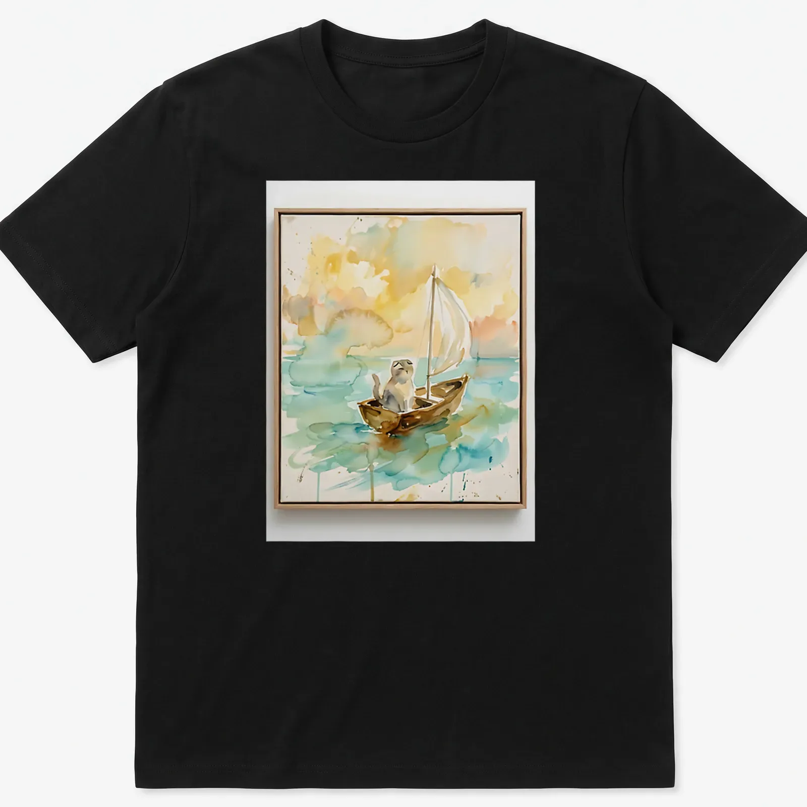Watercolor print of a Scottish Fold cat sailing on a boat in blue and yellow — printed on a unisex t-shirt