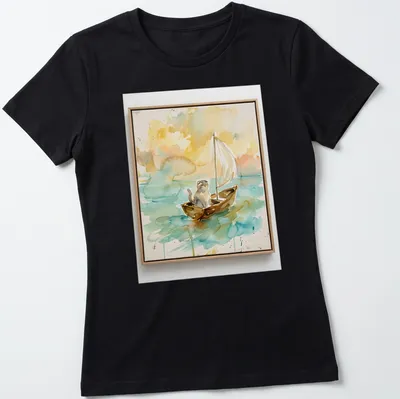Watercolor print of a Scottish Fold cat sailing on a boat in blue and yellow — printed on a women's shirt