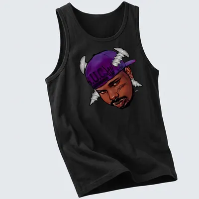 Cartoon of a man in a purple hat with screws and vibrant colors — printed on a tank top