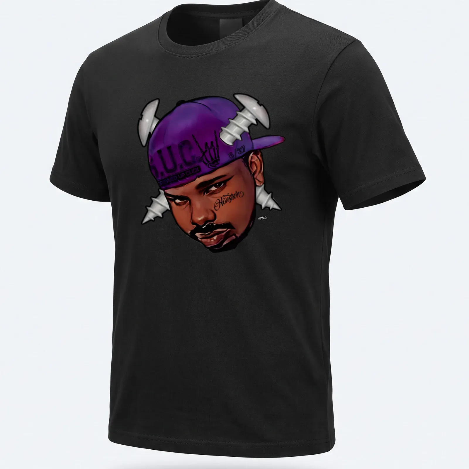 Cartoon of a man in a purple hat with screws and vibrant colors — printed on a unisex t-shirt