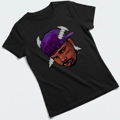 Cartoon of a man in a purple hat with screws and vibrant colors — printed on a women's shirt
