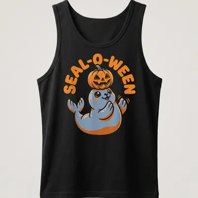 Cartoon seal with pumpkin and text SEAL-O-WEEN in orange, blue, and white — printed on a tank top