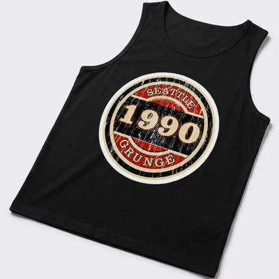 Retro distressed Seattle 1990 Grunge t-shirt with bold badge graphic — printed on a tank top