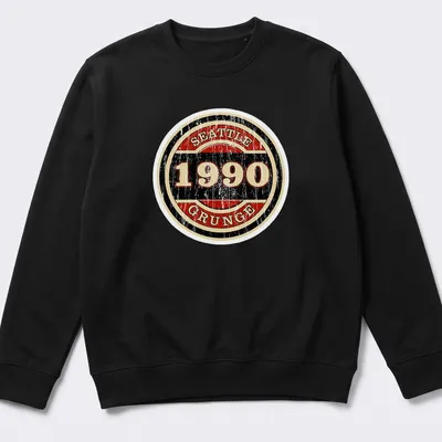 Retro distressed Seattle 1990 Grunge t-shirt with bold badge graphic — printed on a unisex sweatshirt