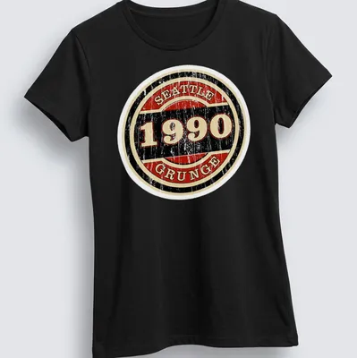 Retro distressed Seattle 1990 Grunge t-shirt with bold badge graphic — printed on a women's shirt