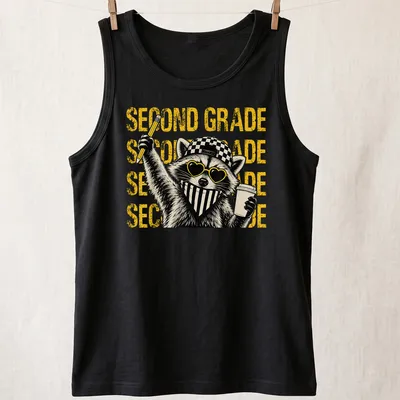 Bold cartoon of a raccoon holding a pencil and coffee with text saying 'SECOND GRADE' — printed on a tank top
