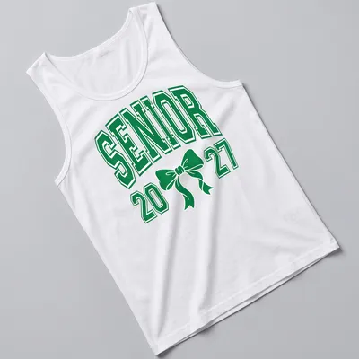 Green Senior 20 27 t-shirt featuring a Coquette bow and collegiate style — printed on a tank top