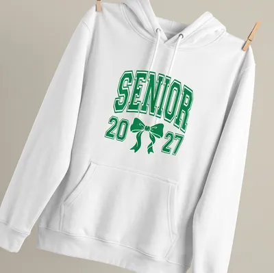 Green Senior 20 27 t-shirt featuring a Coquette bow and collegiate style — printed on a unisex hoodie