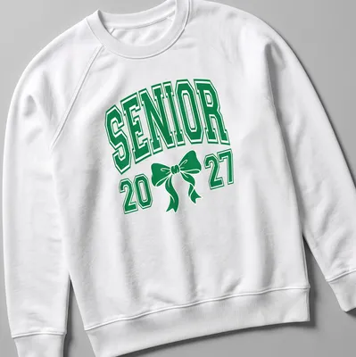 Green Senior 20 27 t-shirt featuring a Coquette bow and collegiate style — printed on a unisex sweatshirt