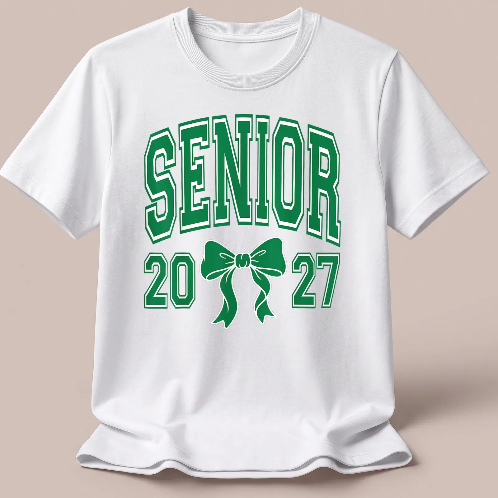 Green Senior 20 27 t-shirt featuring a Coquette bow and collegiate style — printed on a unisex t-shirt