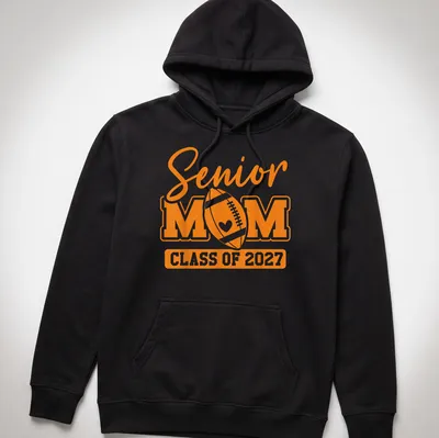 Bold typography Senior Mom Class Of 2027 T-shirt with football theme — printed on a unisex hoodie