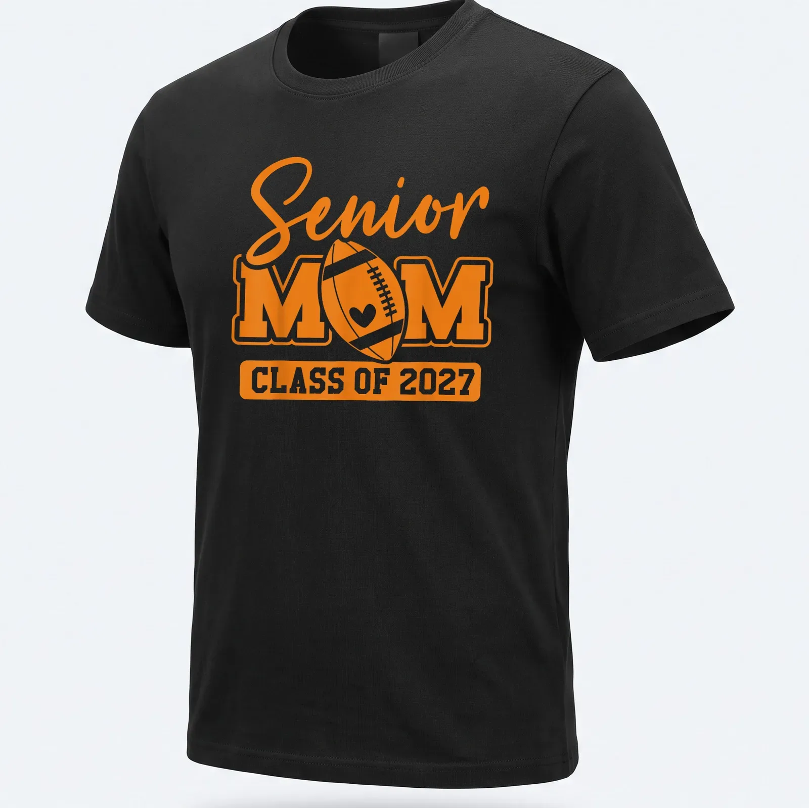 Bold typography Senior Mom Class Of 2027 T-shirt with football theme — printed on a unisex t-shirt