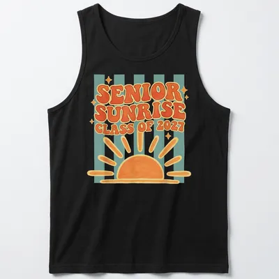Colorful retro Senior Sunrise Class of 2027 T-shirt with bright sunrise graphic — printed on a tank top