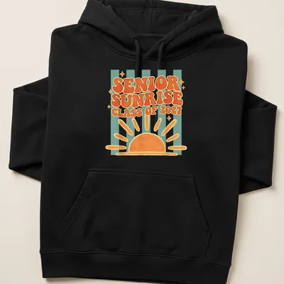 Colorful retro Senior Sunrise Class of 2027 T-shirt with bright sunrise graphic — printed on a unisex hoodie