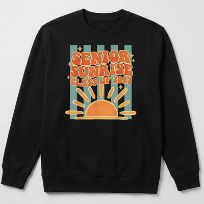 Colorful retro Senior Sunrise Class of 2027 T-shirt with bright sunrise graphic — printed on a unisex sweatshirt