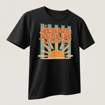 Colorful retro Senior Sunrise Class of 2027 T-shirt with bright sunrise graphic — printed on a unisex t-shirt (angled view)