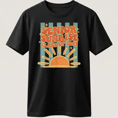 Colorful retro Senior Sunrise Class of 2027 T-shirt with bright sunrise graphic