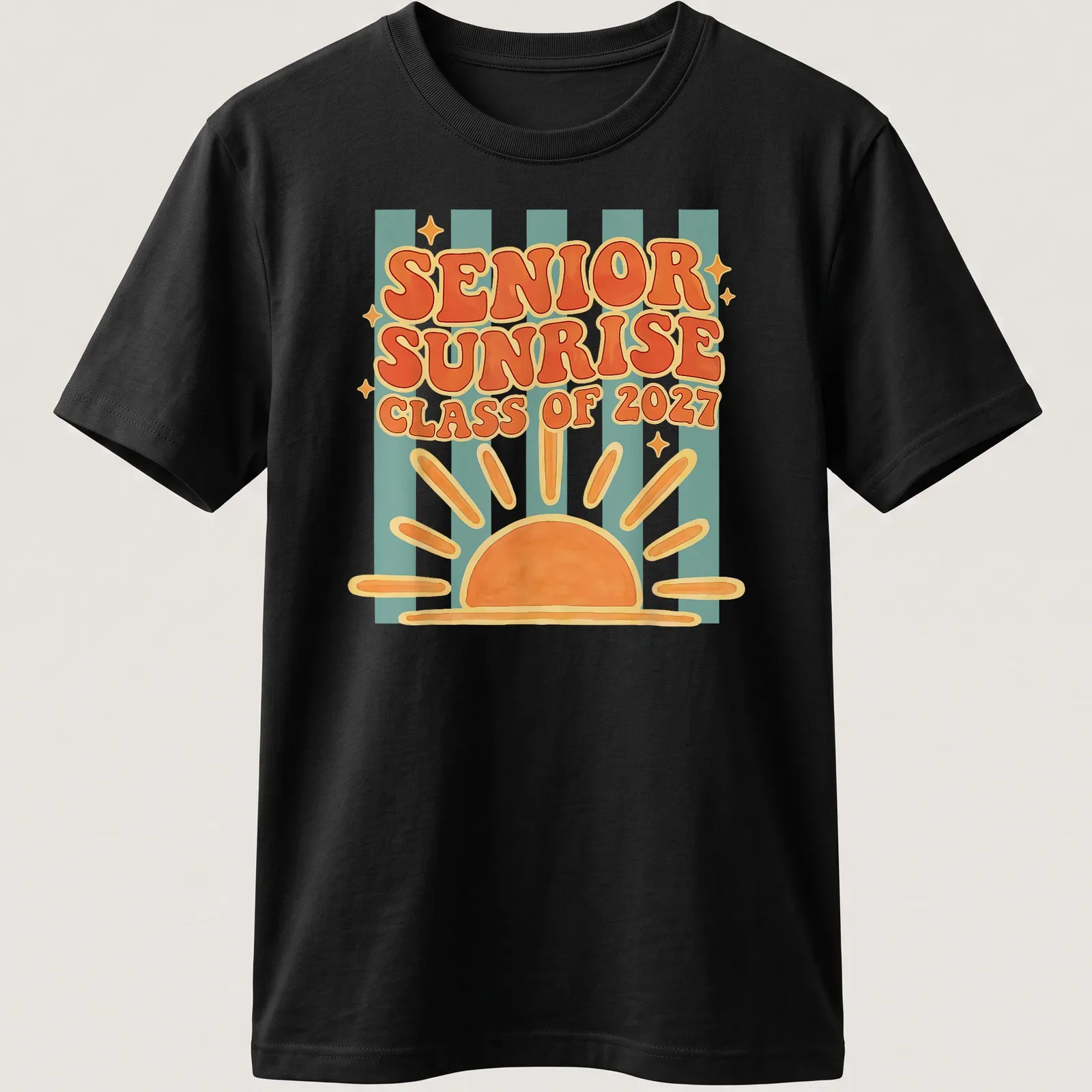 Colorful retro Senior Sunrise Class of 2027 T-shirt with bright sunrise graphic — printed on a unisex t-shirt