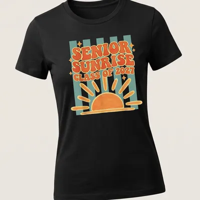 Colorful retro Senior Sunrise Class of 2027 T-shirt with bright sunrise graphic — printed on a women's shirt