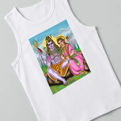 Vibrant digital print of Shiva and Parvati in multicolored artwork — printed on a tank top