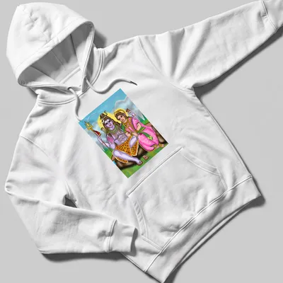 Vibrant digital print of Shiva and Parvati in multicolored artwork — printed on a unisex hoodie