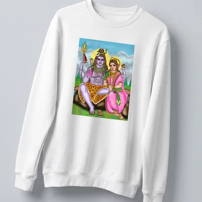 Vibrant digital print of Shiva and Parvati in multicolored artwork — printed on a unisex sweatshirt