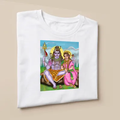 Vibrant digital print of Shiva and Parvati in multicolored artwork — printed on a unisex t-shirt (angled view)