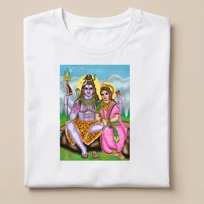 Vibrant digital print of Shiva and Parvati in multicolored artwork