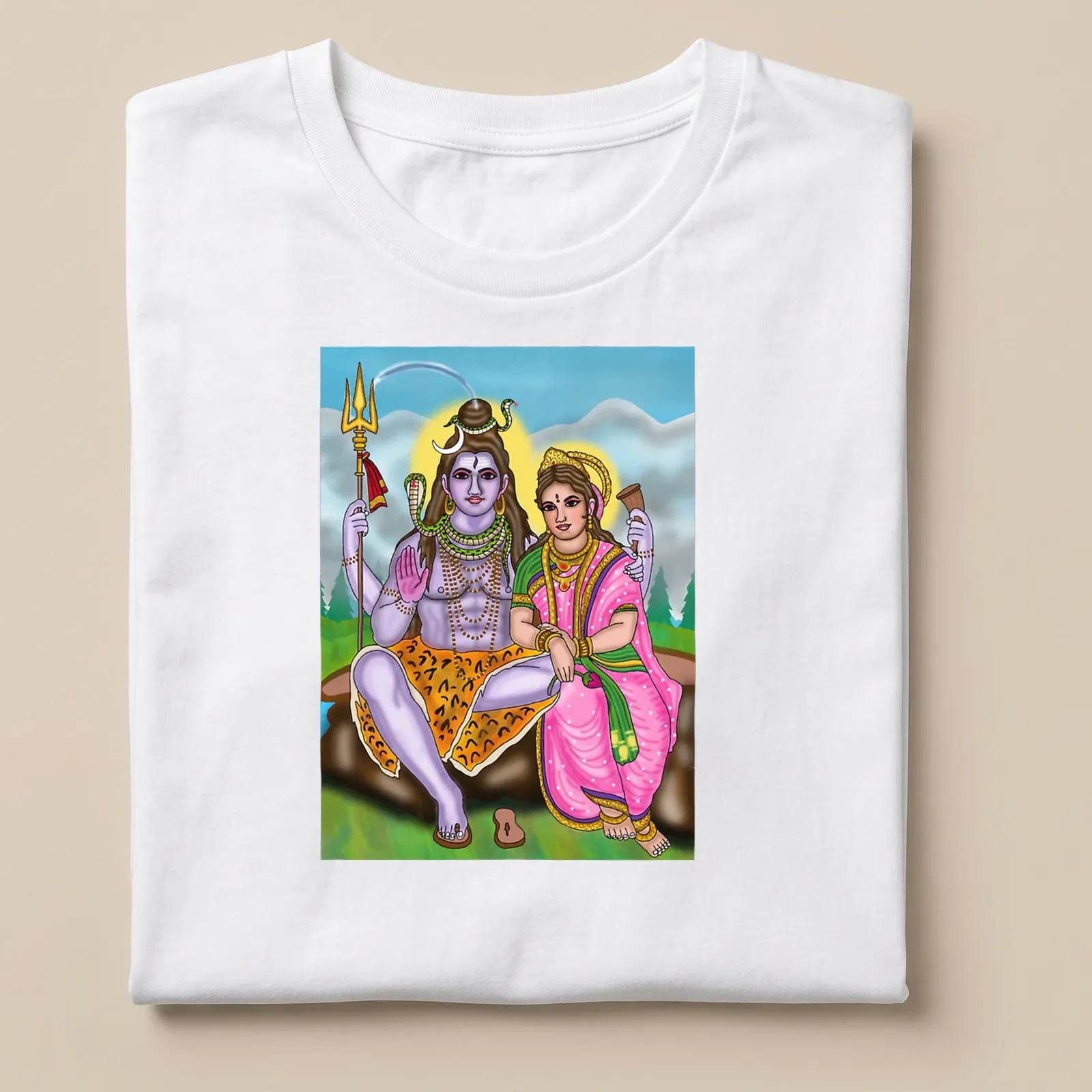 Vibrant digital print of Shiva and Parvati in multicolored artwork — printed on a unisex t-shirt