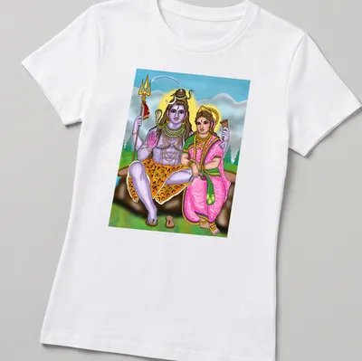 Vibrant digital print of Shiva and Parvati in multicolored artwork — printed on a women's shirt