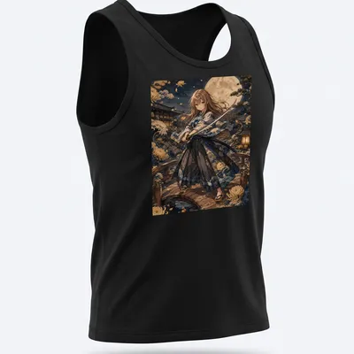 Anime style female character in kimono holding a sword under moonlight — printed on a tank top