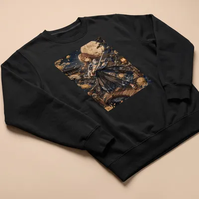 Anime style female character in kimono holding a sword under moonlight — printed on a unisex sweatshirt