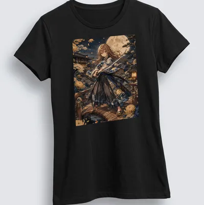 Anime style female character in kimono holding a sword under moonlight — printed on a women's shirt