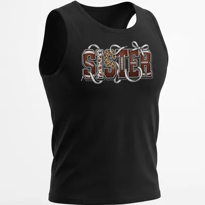 Retro leopard print tee featuring 'SISTER' with football elements and bows. — printed on a tank top