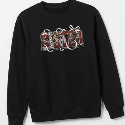 Retro leopard print tee featuring 'SISTER' with football elements and bows. — printed on a unisex sweatshirt