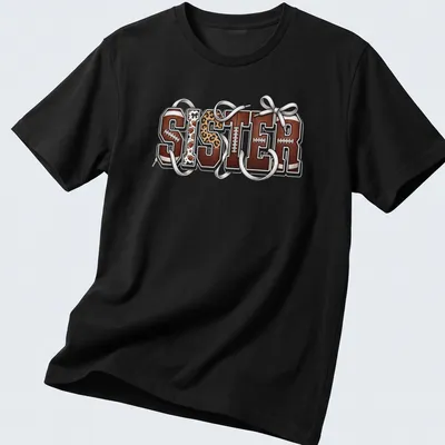Retro leopard print tee featuring 'SISTER' with football elements and bows.