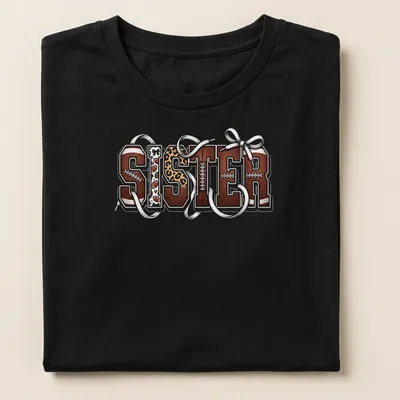 Retro leopard print tee featuring 'SISTER' with football elements and bows. — printed on a women's shirt
