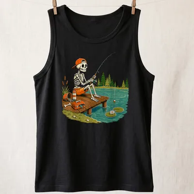 Cartoon skeleton fishing on a dock in vintage style with autumn colors — printed on a tank top